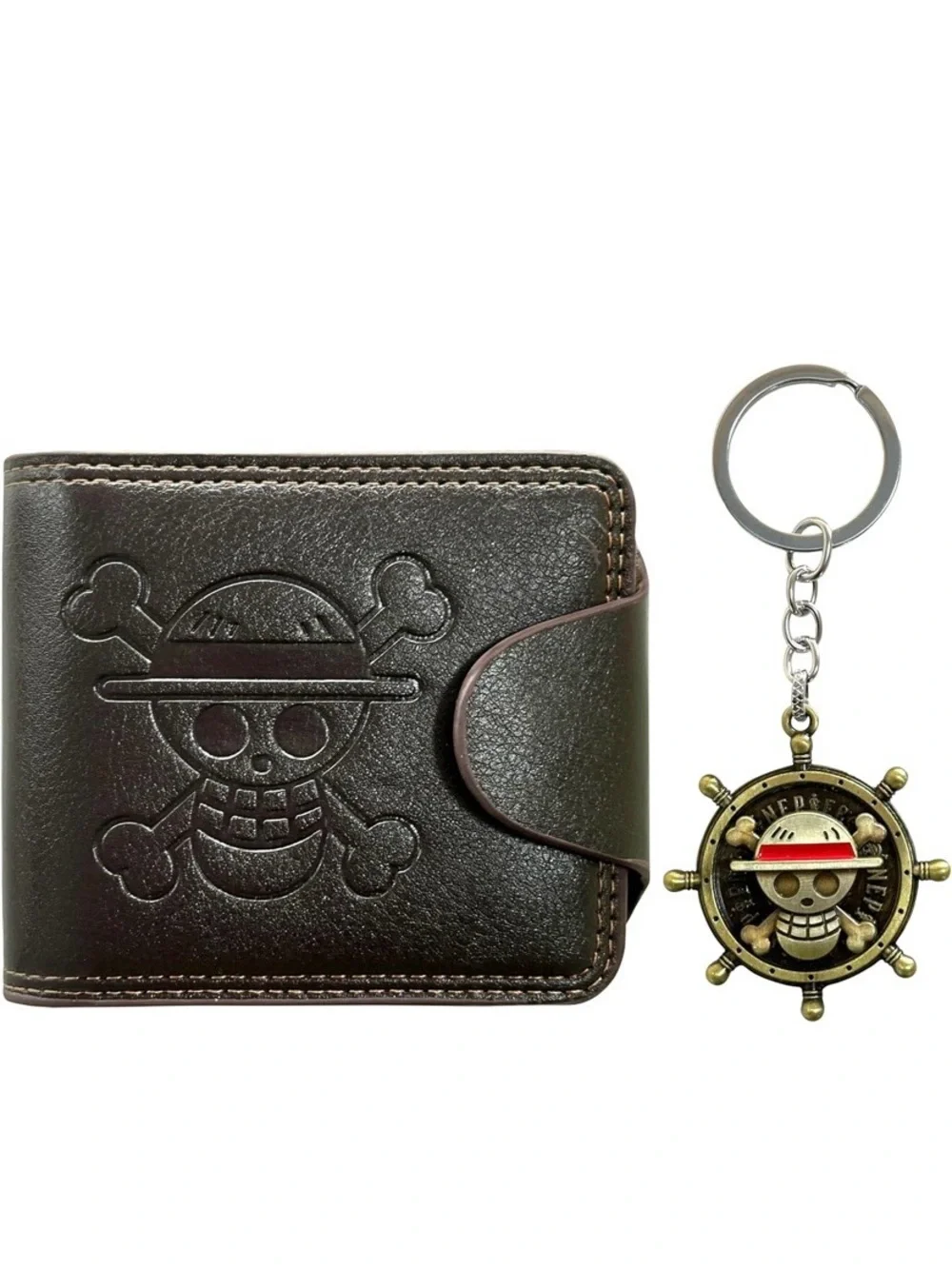 One Piece Luffy Skull Bifold Wallet w/ Straw Hat Pirate Keychain Brown Anime